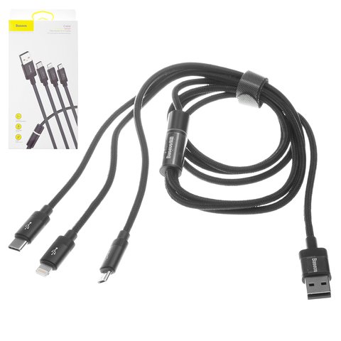 USB кабель Baseus Data Faction, USB тип C, USB тип A, micro USB тип B, Lightning, 120 см, 3,5 А, черный, в нейлоновой оплетке, 3 в 1, #CAMLT PY01