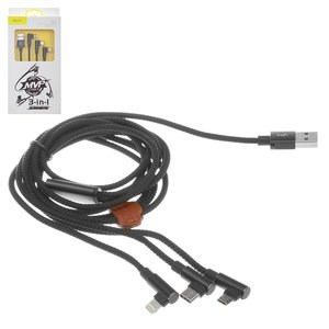 USB кабель Baseus MVP Mobile Game, USB тип C, USB тип A, micro USB тип B, Lightning, 120 см, 3,5 А, черный, передача данных только на Lightning, двухсторонний micro USB тип B, Г образный, в нейлоновой оплетке, 3 в 1, #CAMLT WZ01