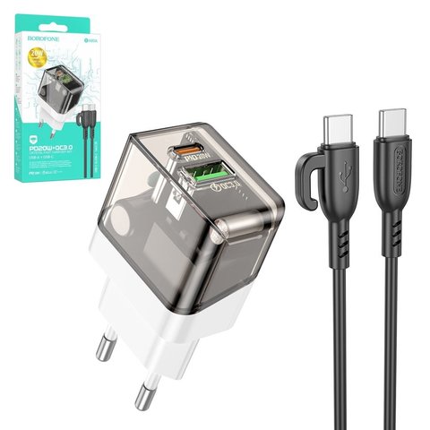 Мережевий зарядний пристрій Borofone BA80A, 20 Вт, Quick Charge, Power Delivery PD , чорний, прозорий, з кабелем USB тип C до USB тип C, 2 порта, #6941991105173