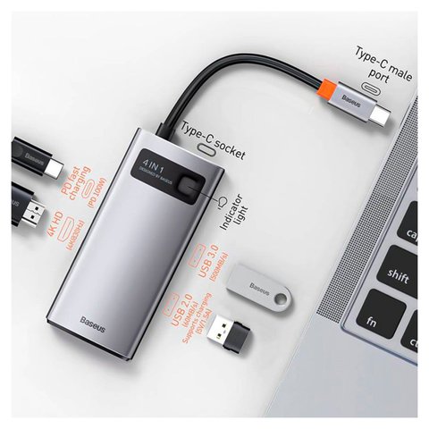 Concentrador USB Baseus Metal Gleam, USB tipo A, USB tipo C, USB 3.0 tipo A, HDMI, con indicador, gris, 4 puertos, #CAHUB CY0G