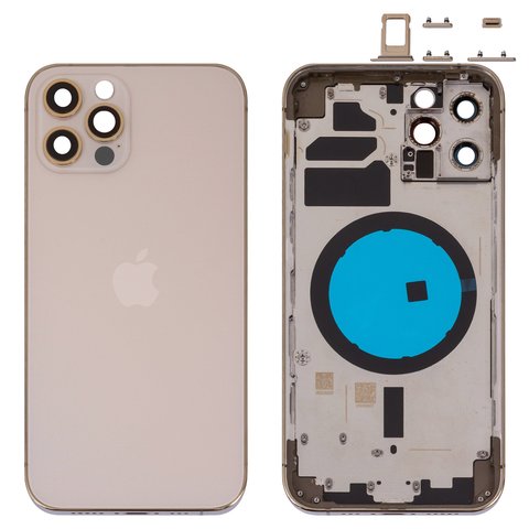 Housing compatible with iPhone 12 Pro, golden, with SIM card holders, with side buttons, gold 