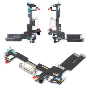 Flat Cable compatible with iPhone 14, charge connector, white, with microphone, with components, HC 