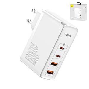 Adaptador de red Baseus GaN2 Pro, 100 W, Quick Charge, blanco, con cable USB tipo C USB tipo C, 4 puertos, #CCGAN2P L02