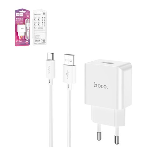 Adaptador de red Hoco C106A, blanco, con cable USB Tipo C, 1 puerto, #6931474783912