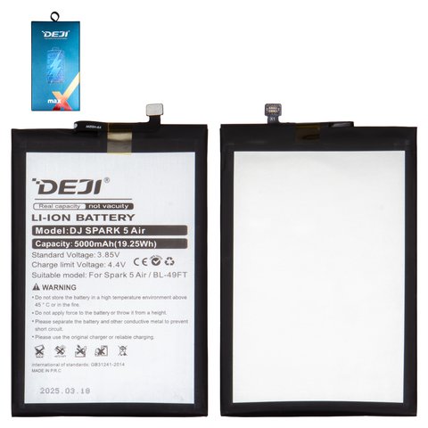 Акумулятор Deji BL 49FT для Tecno Pop 4 Pro BC3 , Pop 5 LTE, Spark 7 Go KF6m , Li ion, 3,85 B, 5000 мАч