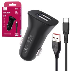 Автомобильное зарядное устройство SkyDolphin SZ09T, черное, с USB кабелем тип C, 15 Вт, 3,4 А, 2 порта